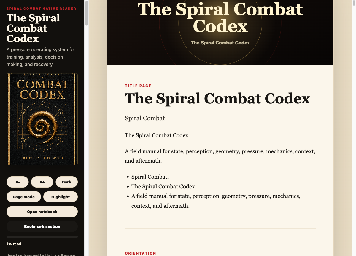 Spiral Combat protected reader interface showing the Codex reading experience and member controls