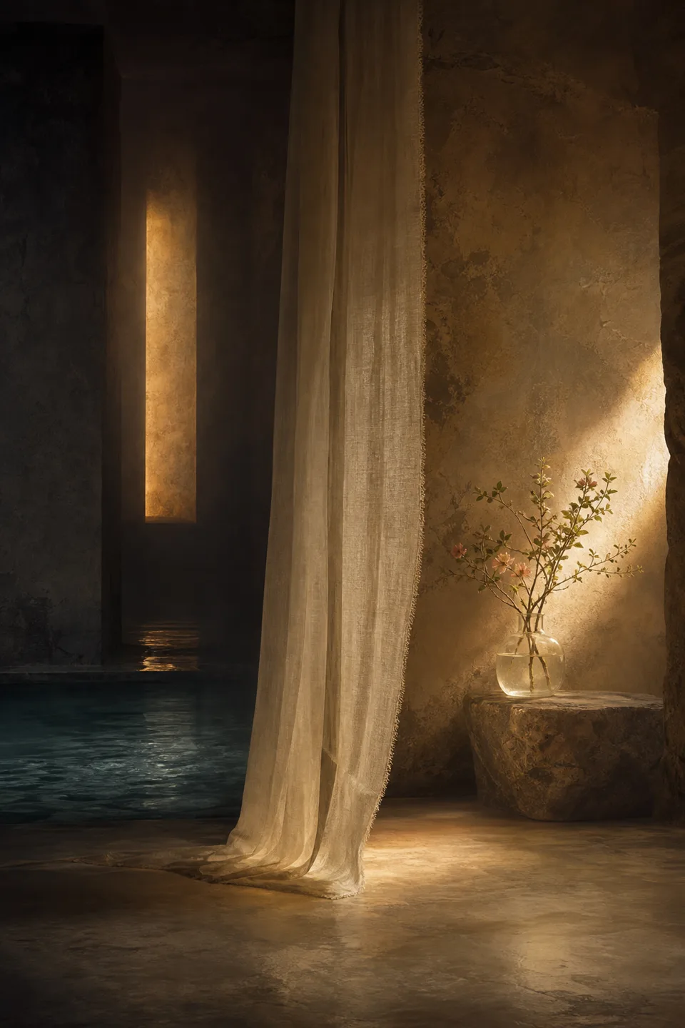 Two quiet light fields held in one tactile room, separated by translucent fabric and generous negative space.