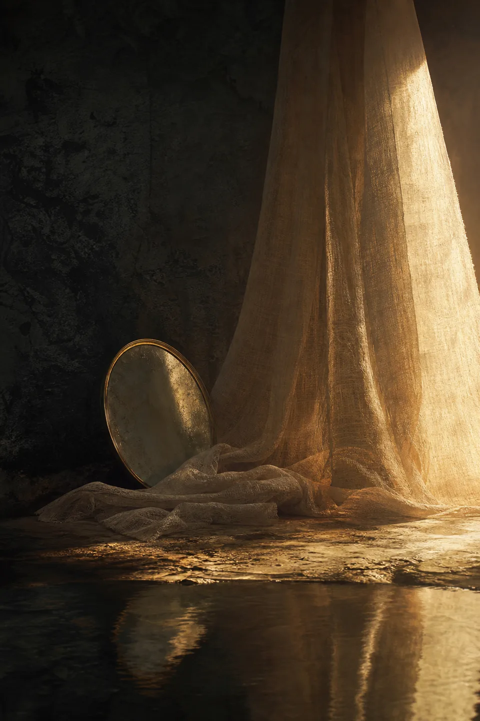 A handwoven veil between cool mineral shadow and a narrow field of warm light, with no deity, icon or sacred symbol.