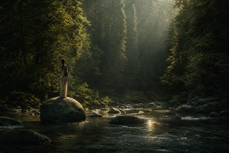 Michael standing barefoot on a river stone in a forest creek, looking upward in stillness.