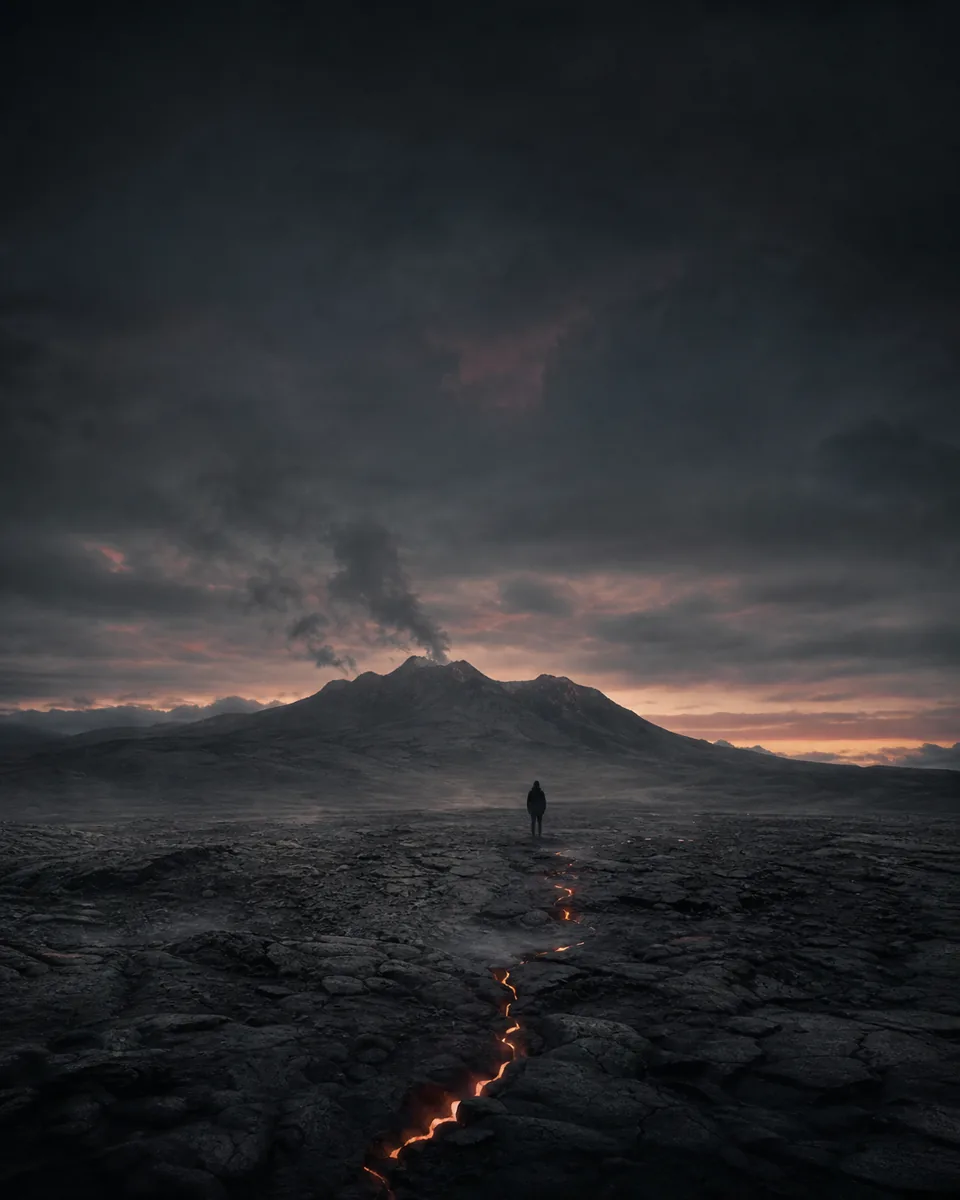 A small figure in a dark volcanic field beneath a smoking mountain, with faint heat glowing in cracked stone.