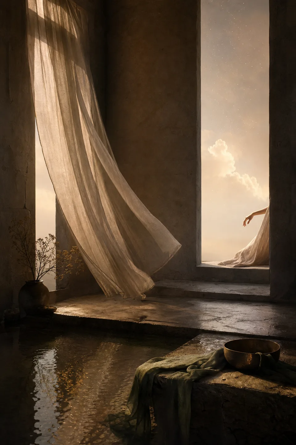 A quiet stone room where linen, breath-soft light and the trace of movement make the body present without making it identifiable.