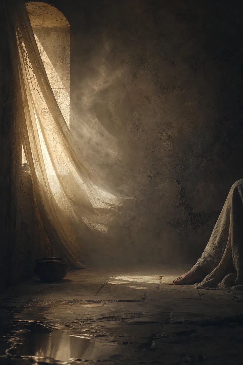 A quiet stone room where linen, breath-soft light and the trace of movement make the body present without making it identifiable.