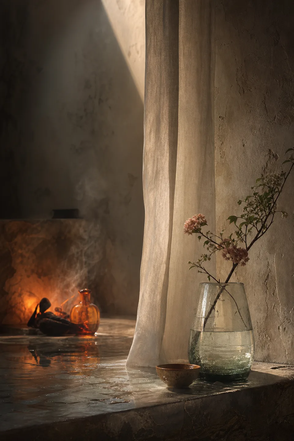 Two quiet light fields held in one tactile room, separated by translucent fabric and generous negative space.