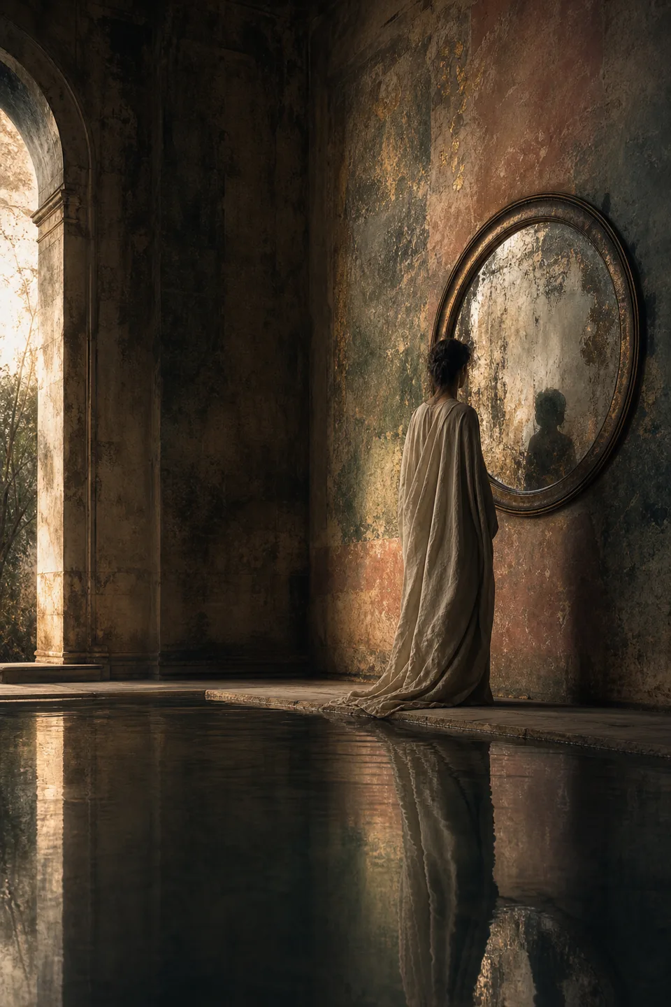 An anonymous figure near still water or aged mirror glass, with reflection kept ambiguous and grounded.