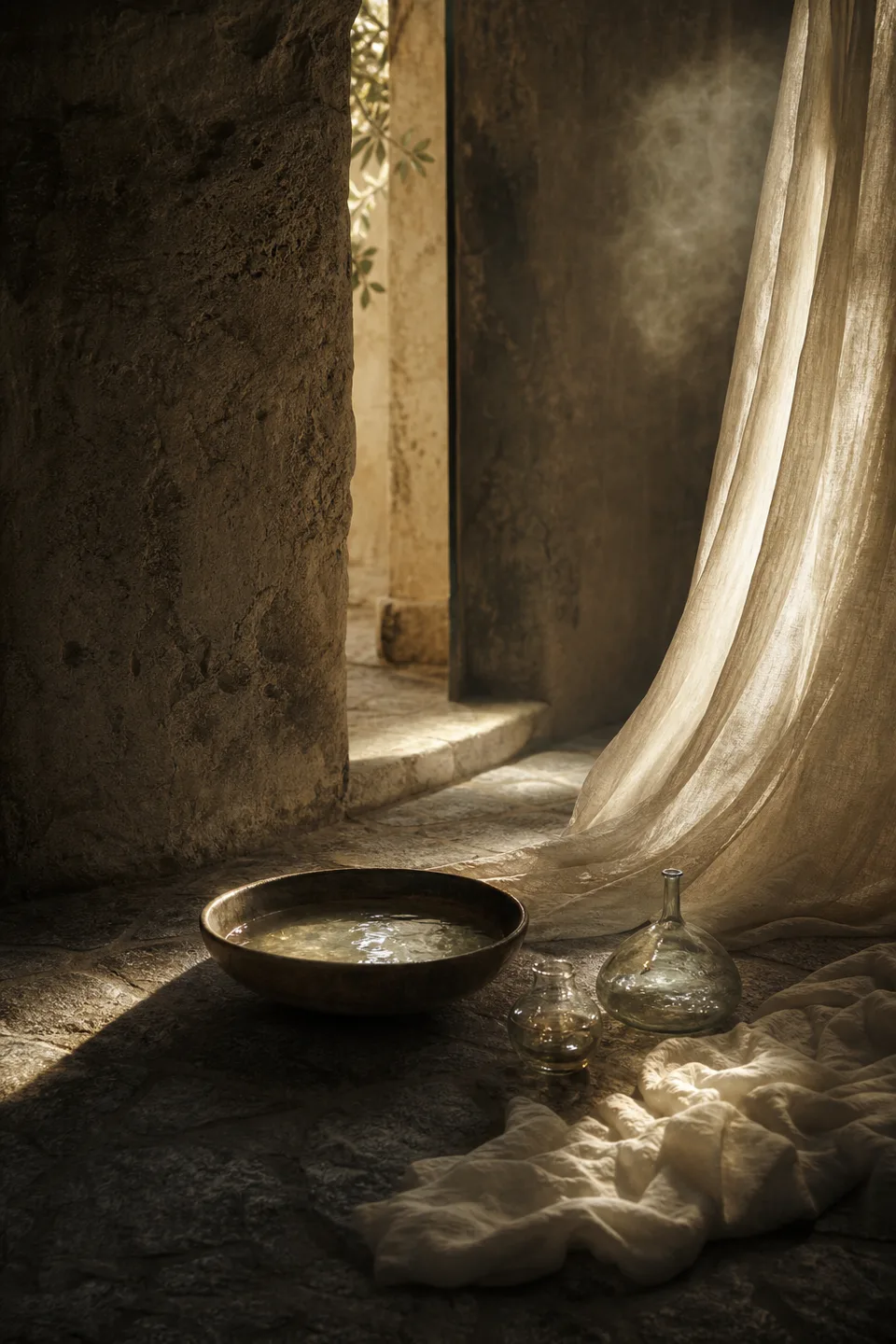 A quiet stone room where linen, breath-soft light and the trace of movement make the body present without making it identifiable.