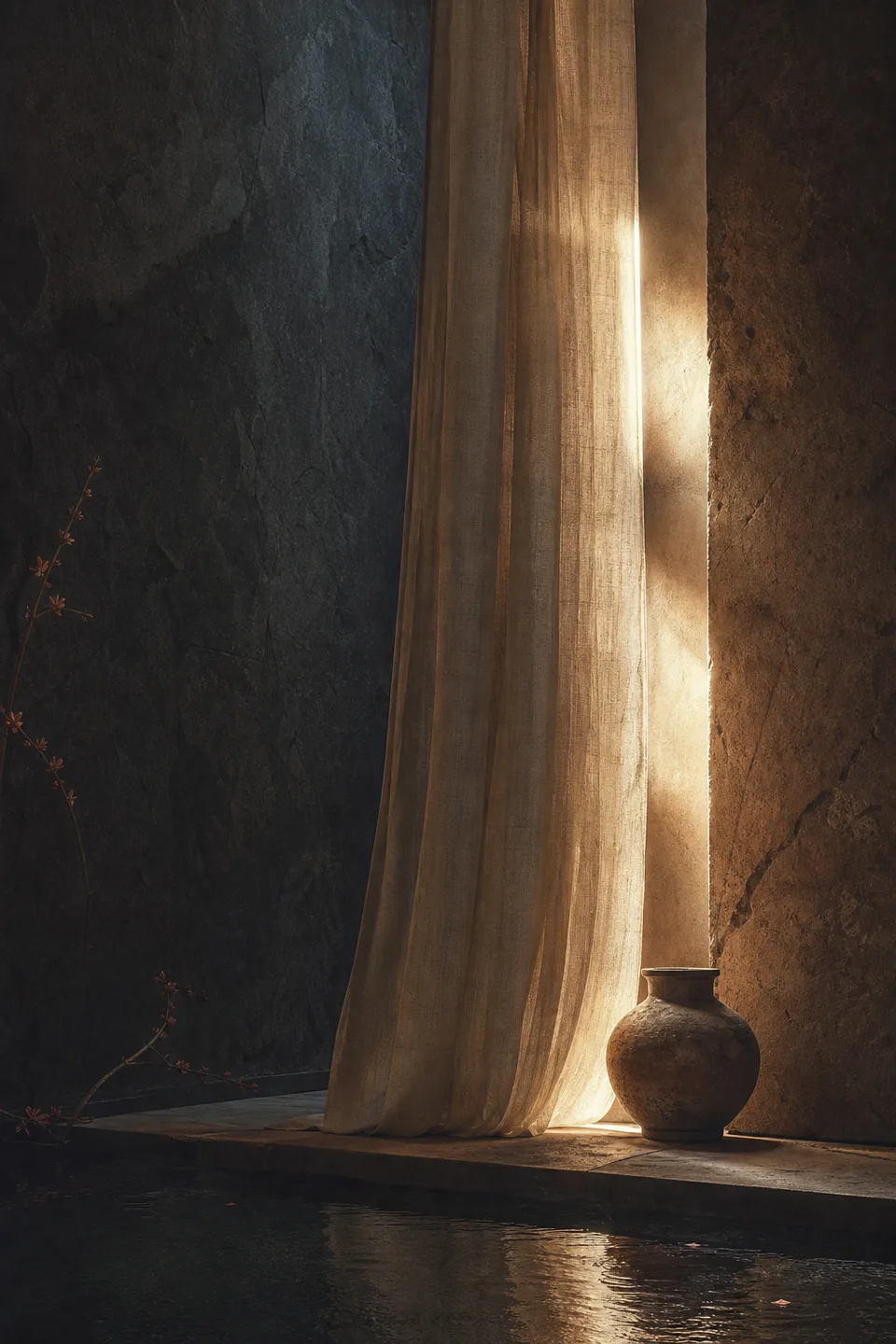 A handwoven veil between cool mineral shadow and a narrow field of warm light, with no deity, icon or sacred symbol.