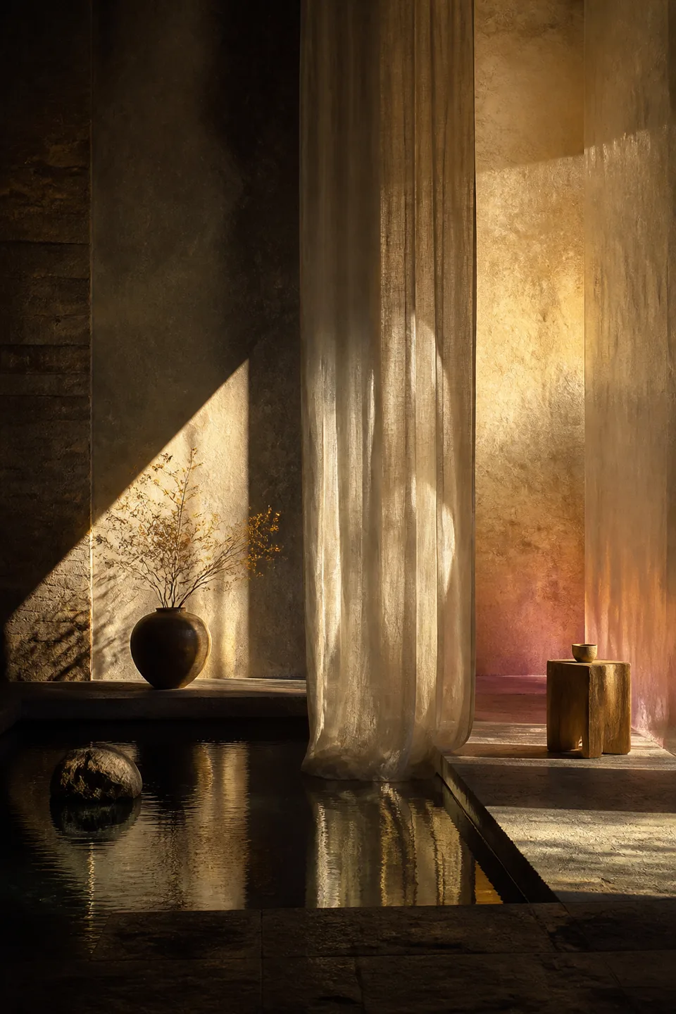 Two quiet light fields held in one tactile room, separated by translucent fabric and generous negative space.