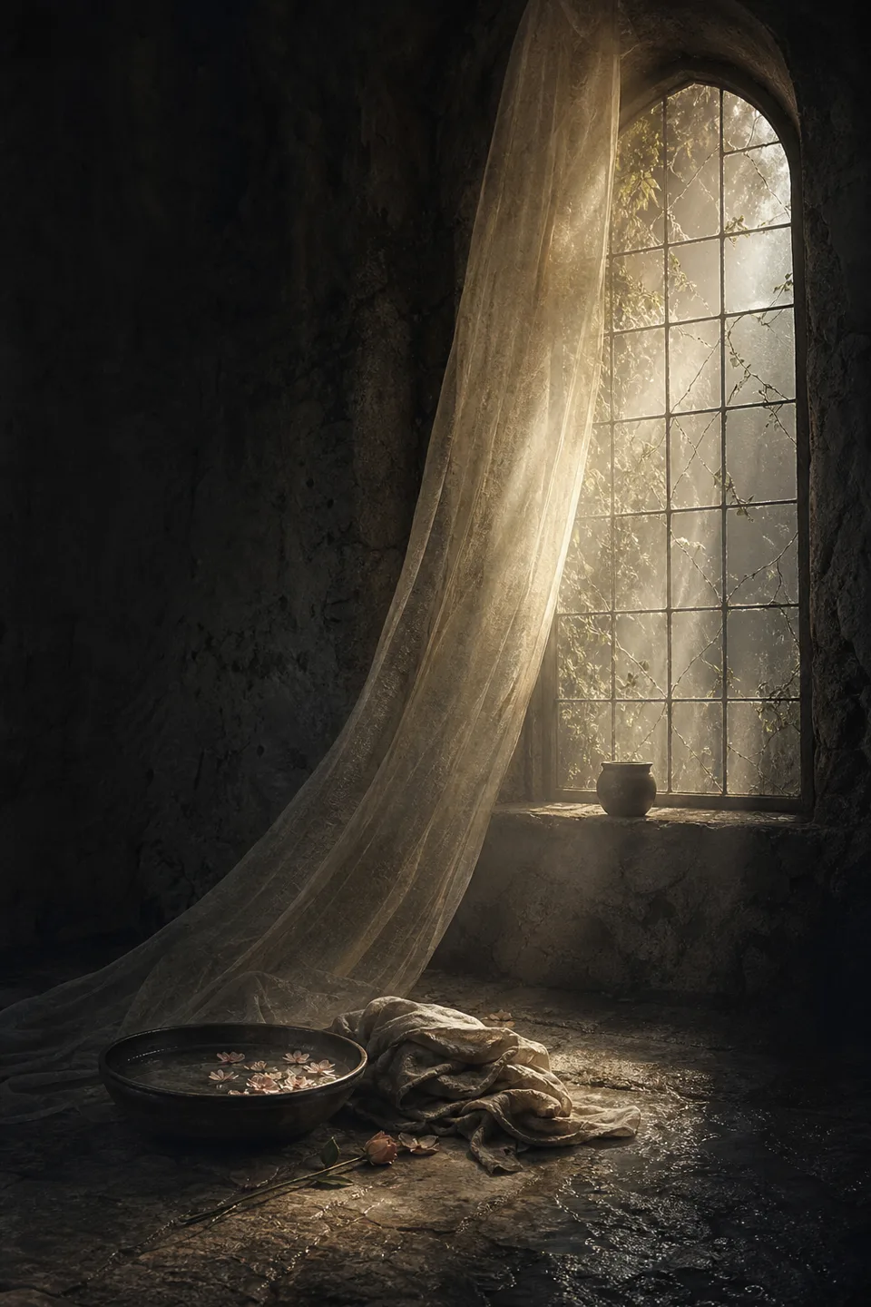 A handwoven veil between cool mineral shadow and a narrow field of warm light, with no deity, icon or sacred symbol.