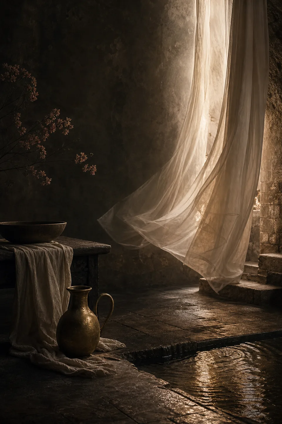 A quiet stone room where linen, breath-soft light and the trace of movement make the body present without making it identifiable.