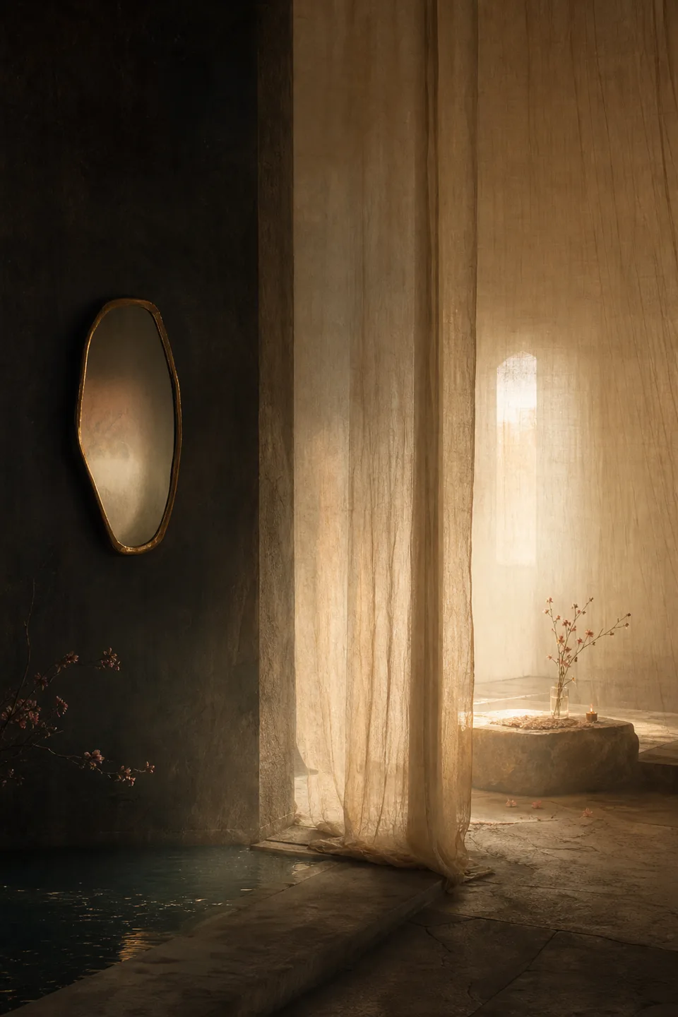 Two quiet light fields held in one tactile room, separated by translucent fabric and generous negative space.