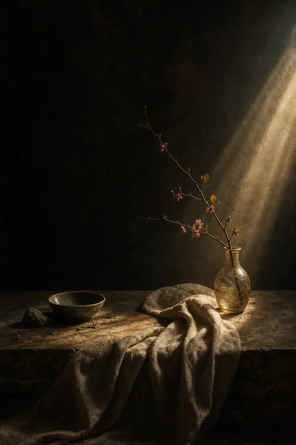 A materially grounded landscape or room where one restrained warm light interrupts obsidian shadow.