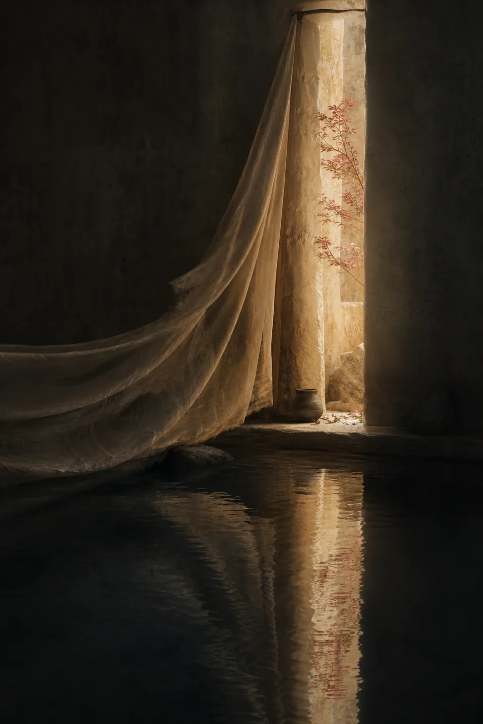 A handwoven veil between cool mineral shadow and a narrow field of warm light, with no deity, icon or sacred symbol.