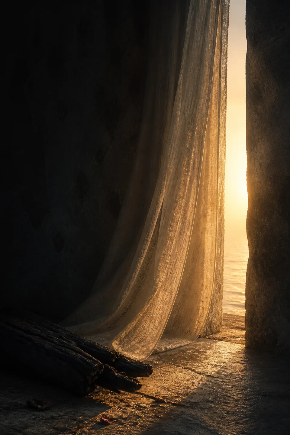 A handwoven veil between cool mineral shadow and a narrow field of warm light, with no deity, icon or sacred symbol.