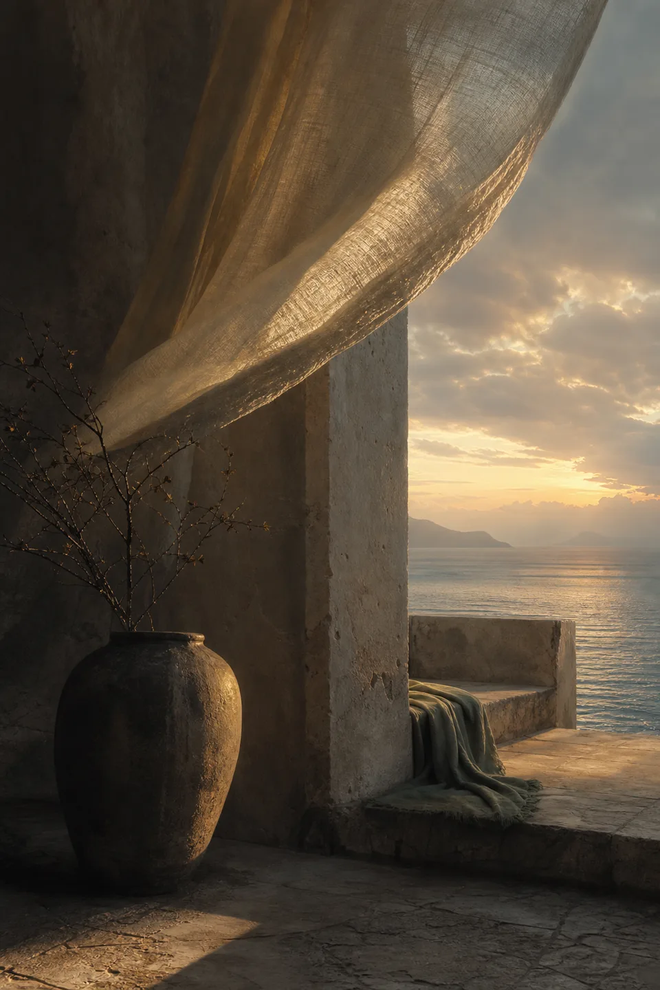 An open coastal threshold with wind moving through cloth toward a restrained dawn sea.