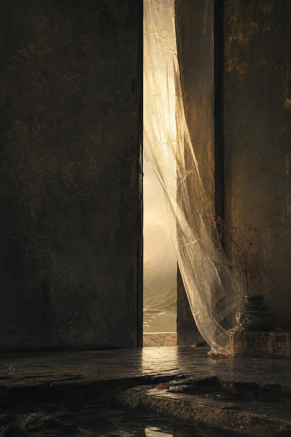 A handwoven veil between cool mineral shadow and a narrow field of warm light, with no deity, icon or sacred symbol.