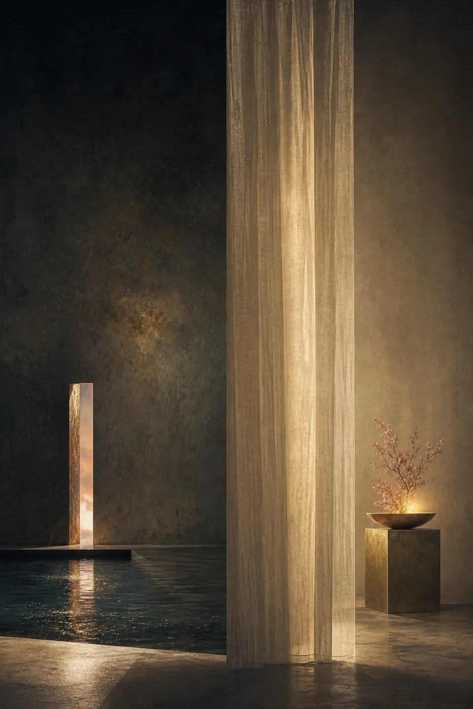 Two quiet light fields held in one tactile room, separated by translucent fabric and generous negative space.