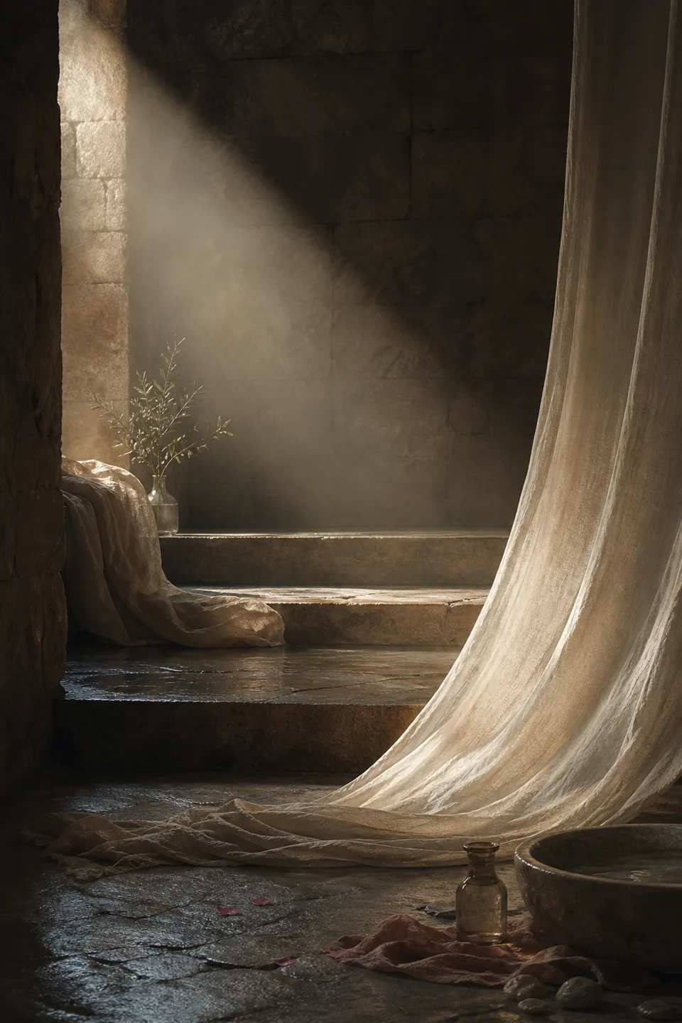 A quiet stone room where linen, breath-soft light and the trace of movement make the body present without making it identifiable.