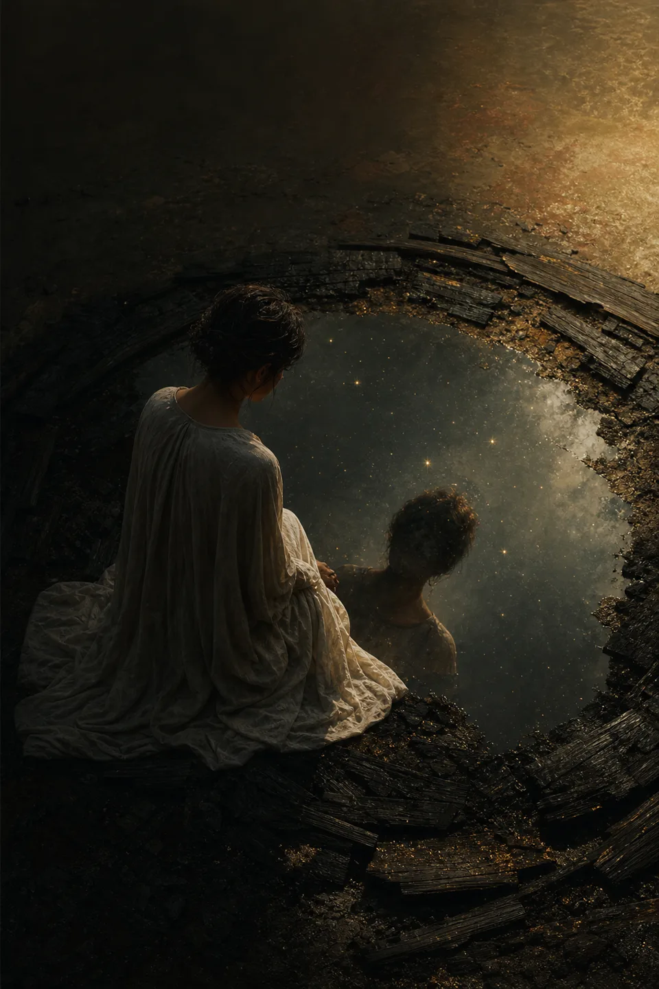 An anonymous figure near still water or aged mirror glass, with reflection kept ambiguous and grounded.