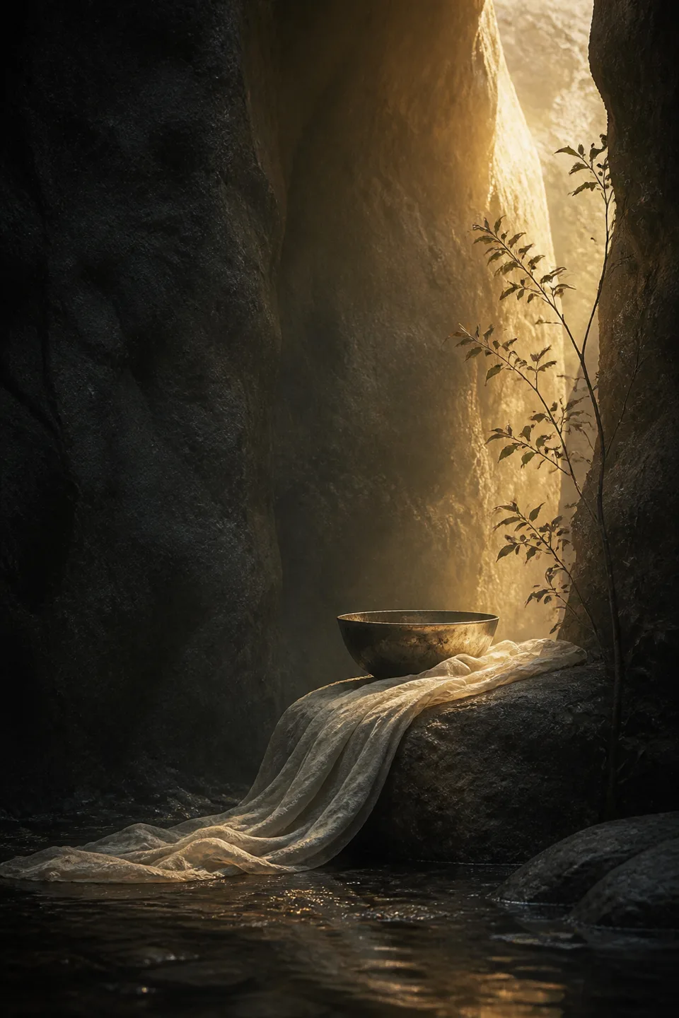 A handwoven veil between cool mineral shadow and a narrow field of warm light, with no deity, icon or sacred symbol.