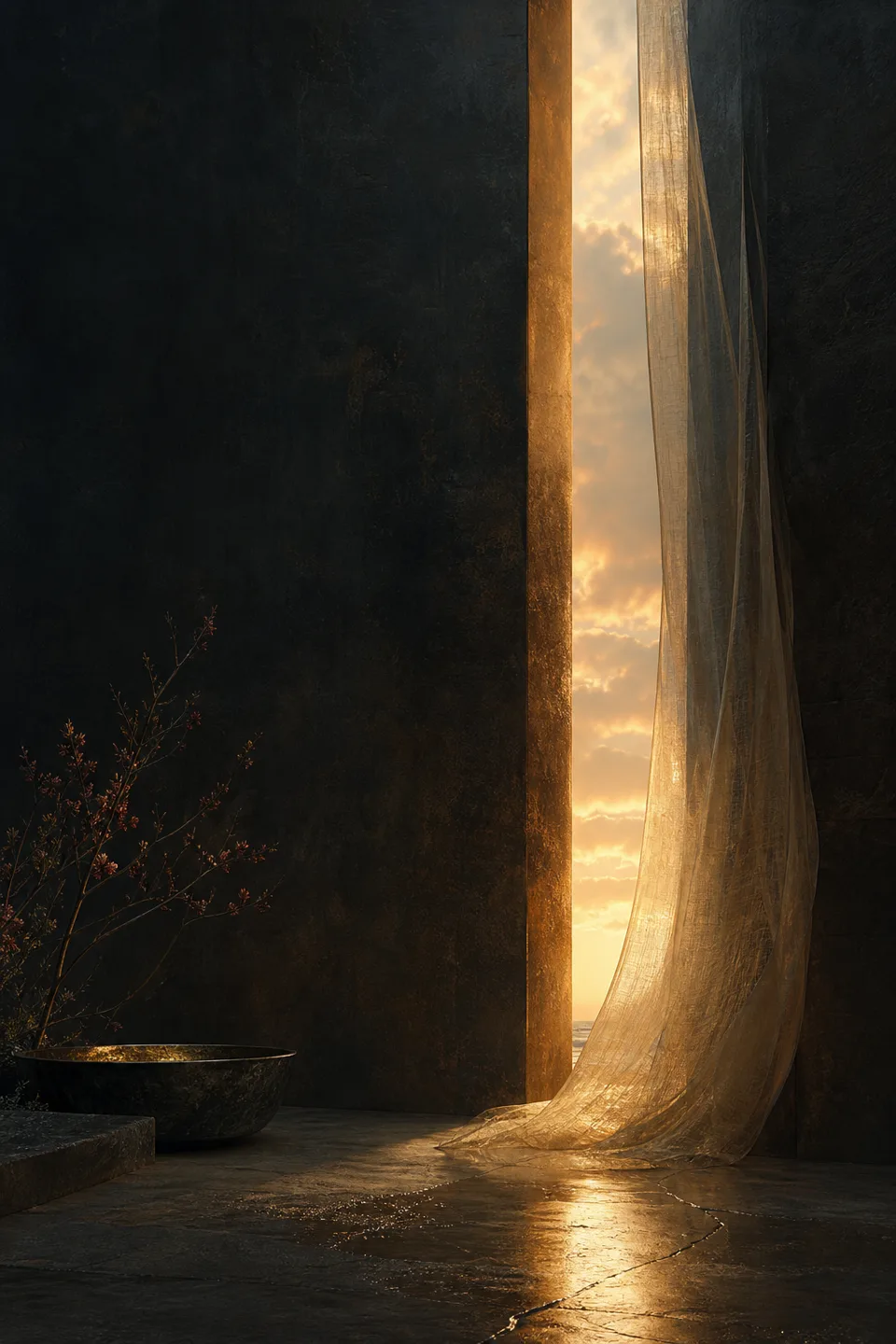 A handwoven veil between cool mineral shadow and a narrow field of warm light, with no deity, icon or sacred symbol.