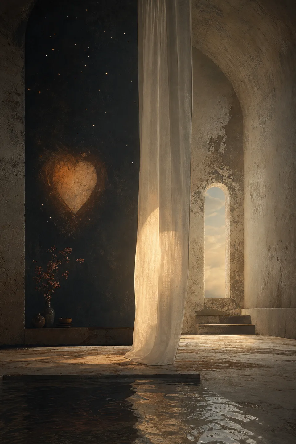 Two quiet light fields held in one tactile room, separated by translucent fabric and generous negative space.