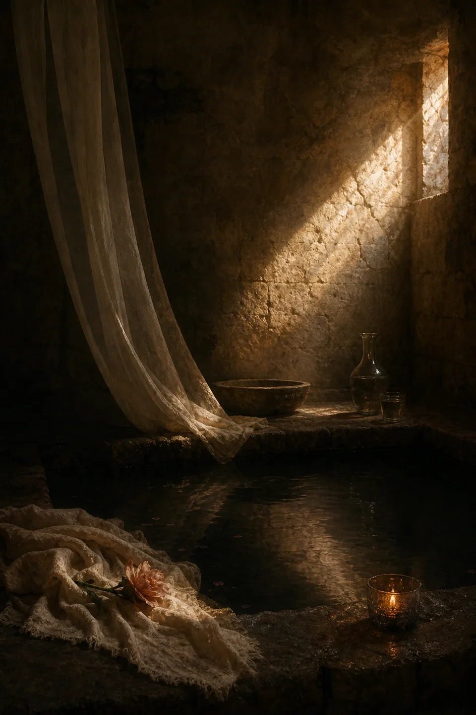 A quiet stone room where linen, breath-soft light and the trace of movement make the body present without making it identifiable.