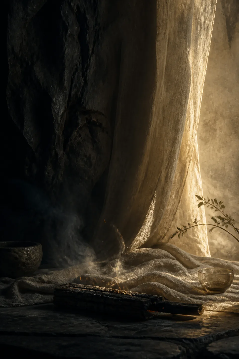 A handwoven veil between cool mineral shadow and a narrow field of warm light, with no deity, icon or sacred symbol.