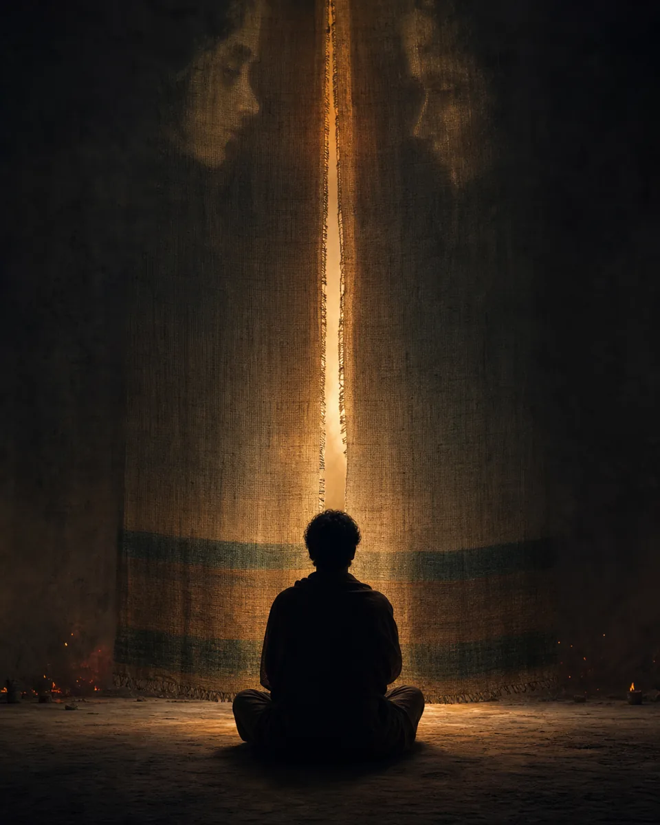 A lone figure facing a dark woven veil divided by a narrow seam of warm light.