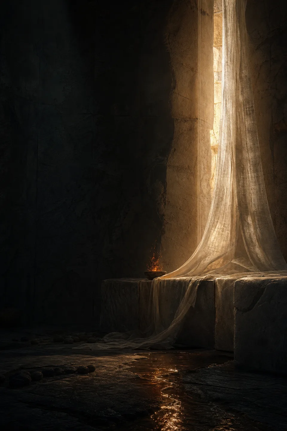 A handwoven veil between cool mineral shadow and a narrow field of warm light, with no deity, icon or sacred symbol.