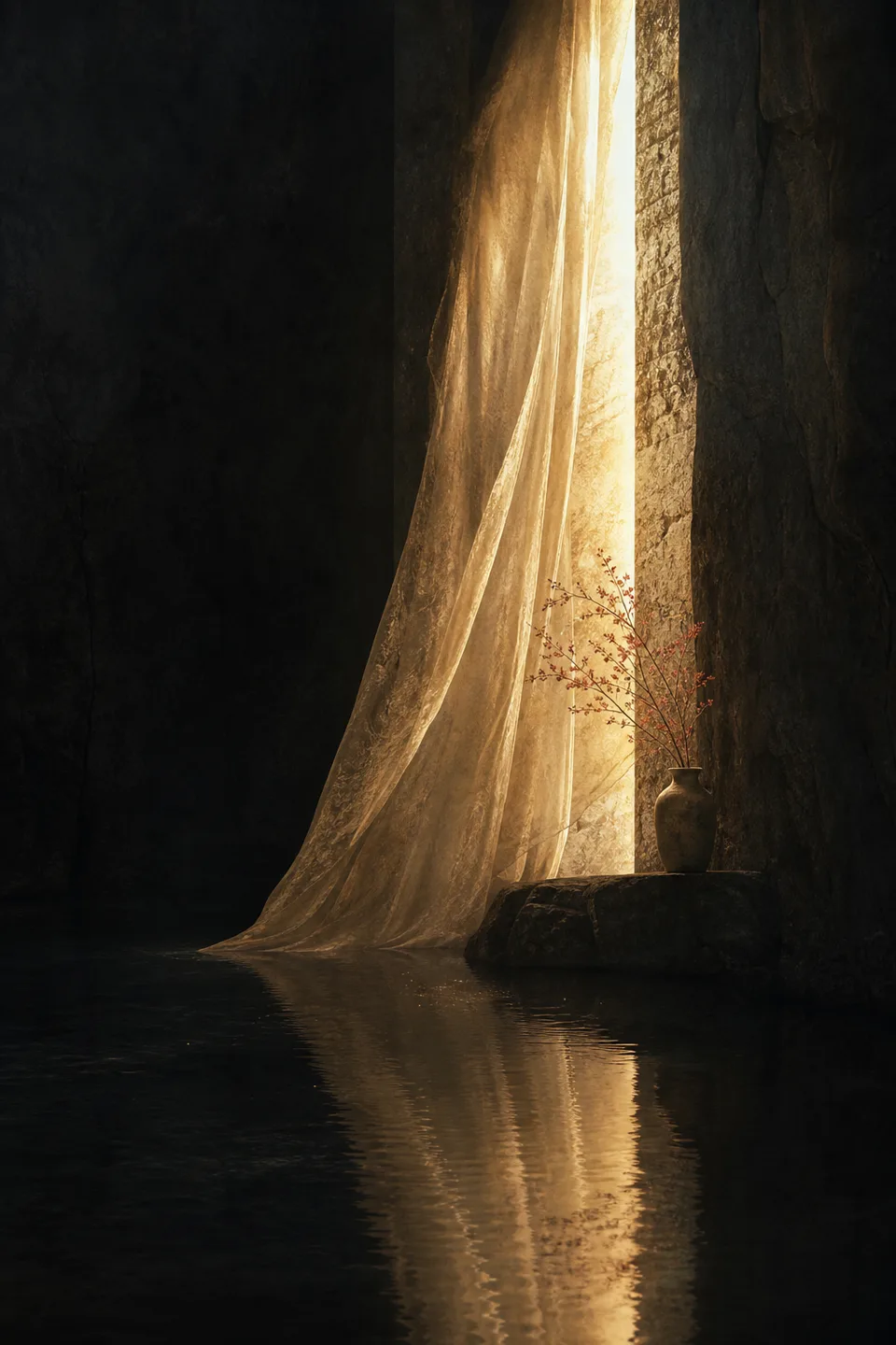 A handwoven veil between cool mineral shadow and a narrow field of warm light, with no deity, icon or sacred symbol.