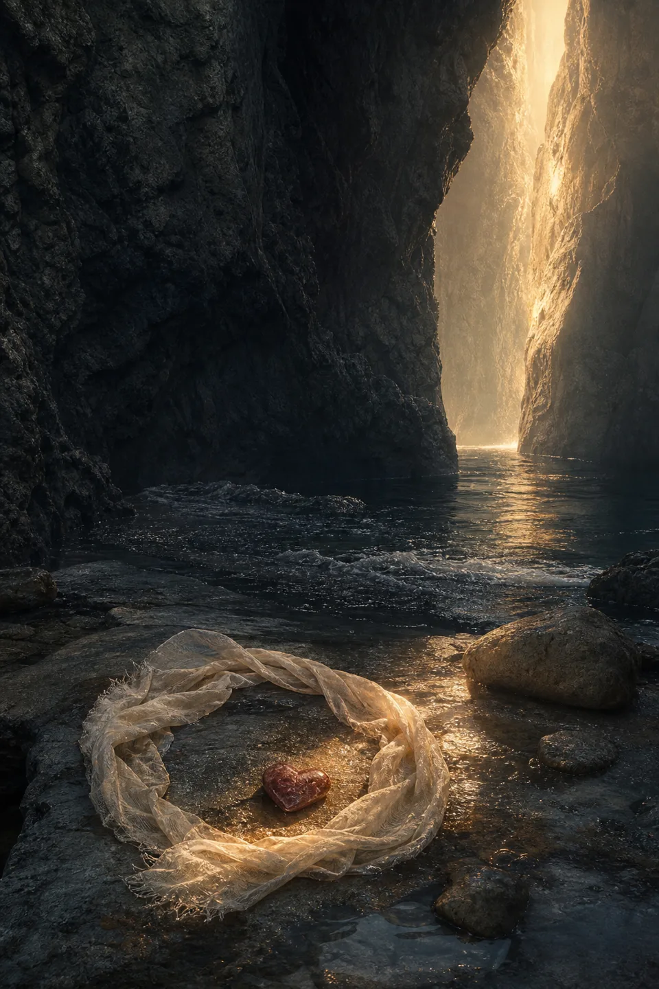 A handwoven veil between cool mineral shadow and a narrow field of warm light, with no deity, icon or sacred symbol.
