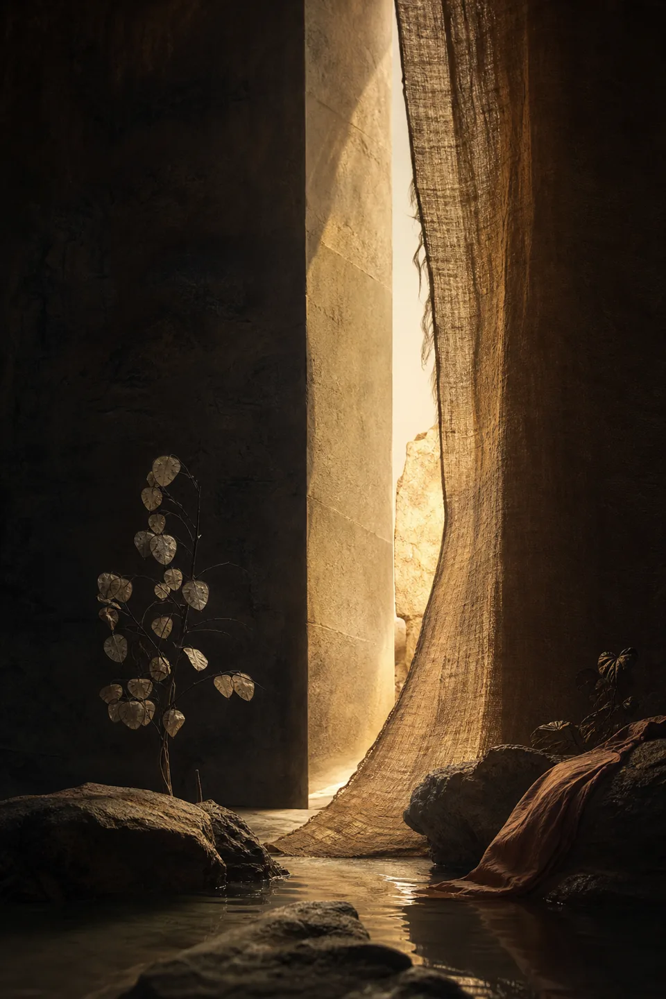 A handwoven veil between cool mineral shadow and a narrow field of warm light, with no deity, icon or sacred symbol.