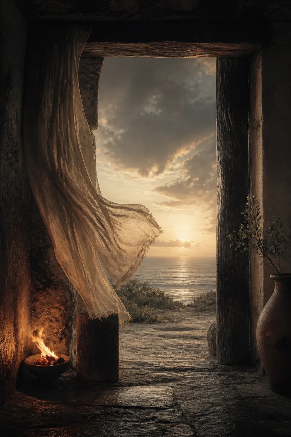 An open coastal threshold with wind moving through cloth toward a restrained dawn sea.