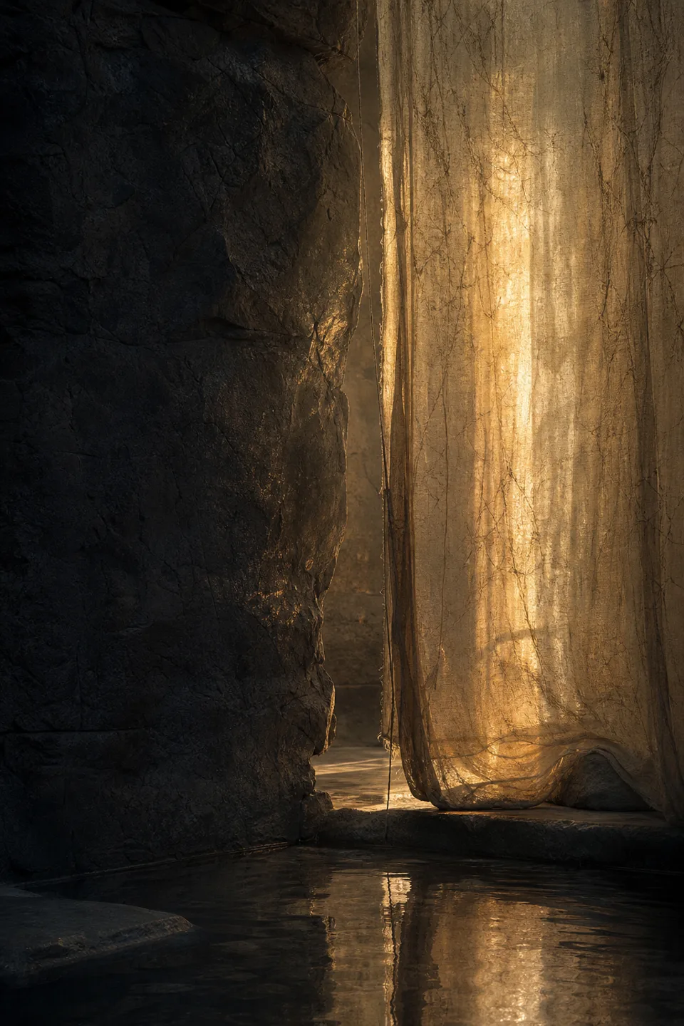 A handwoven veil between cool mineral shadow and a narrow field of warm light, with no deity, icon or sacred symbol.