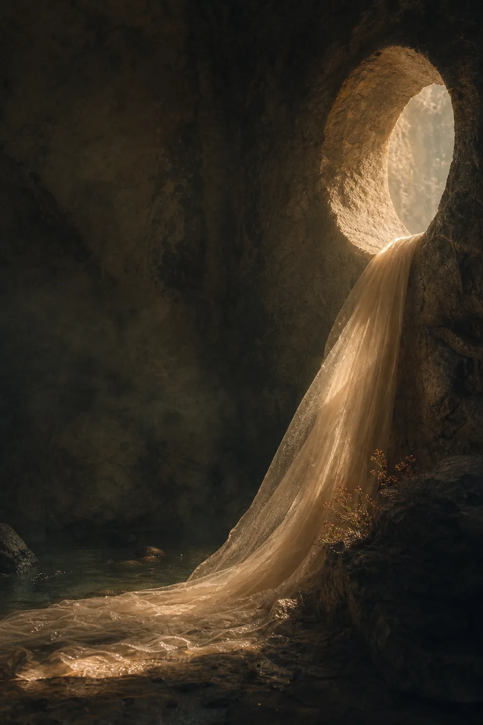 A handwoven veil between cool mineral shadow and a narrow field of warm light, with no deity, icon or sacred symbol.