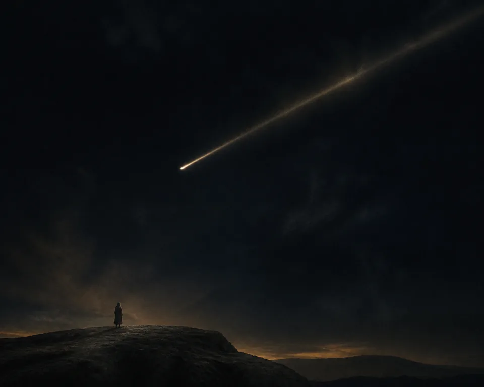A bright comet fading across a vast dark sky above a solitary figure on a rocky ridge.