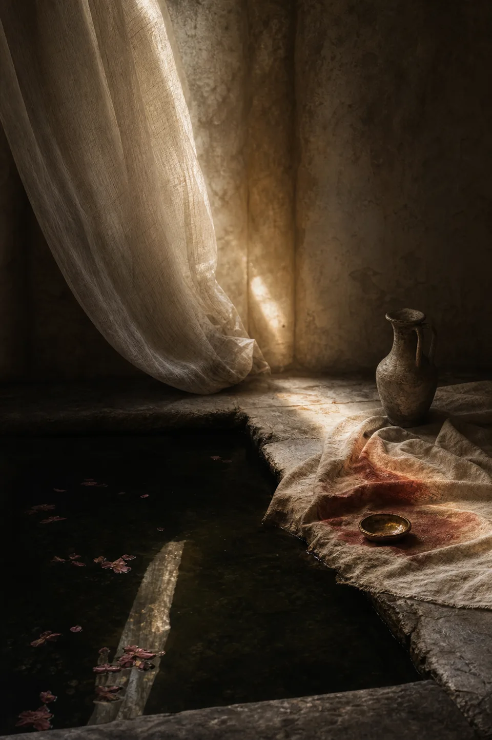 A quiet stone room where linen, breath-soft light and the trace of movement make the body present without making it identifiable.