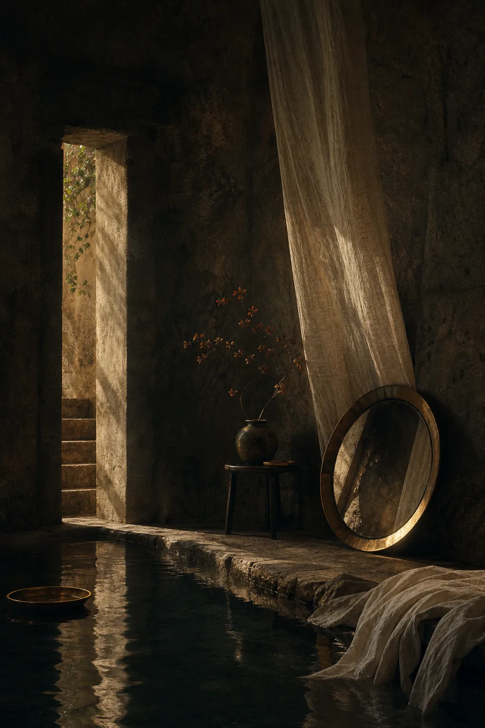 A quiet stone room where linen, breath-soft light and the trace of movement make the body present without making it identifiable.