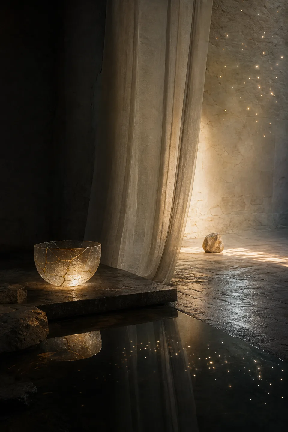 Two quiet light fields held in one tactile room, separated by translucent fabric and generous negative space.