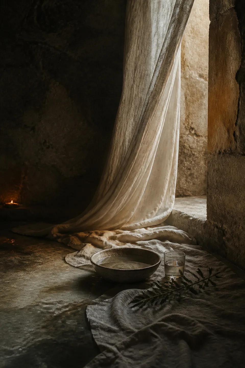 A quiet stone room where linen, breath-soft light and the trace of movement make the body present without making it identifiable.