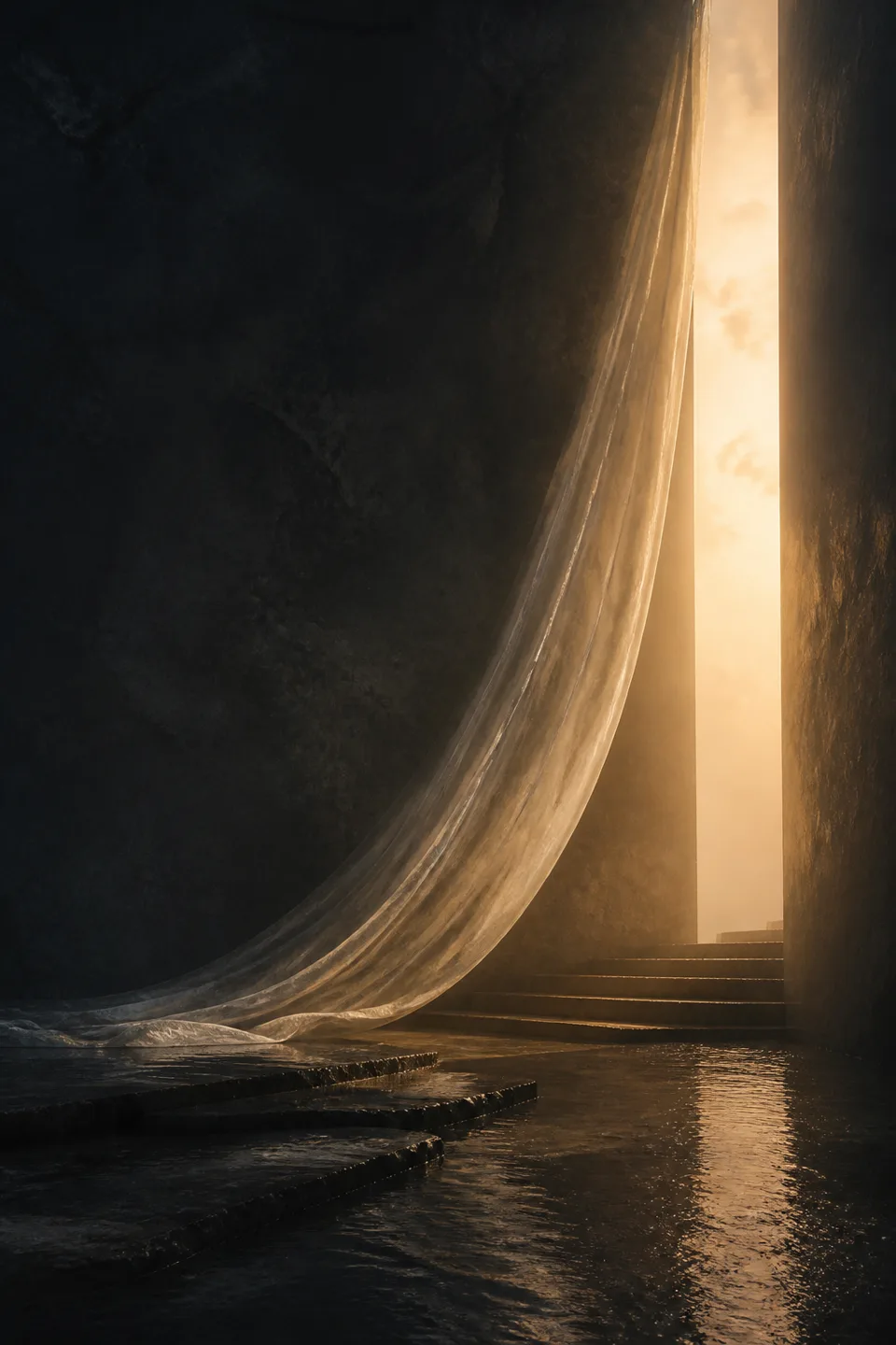 A handwoven veil between cool mineral shadow and a narrow field of warm light, with no deity, icon or sacred symbol.
