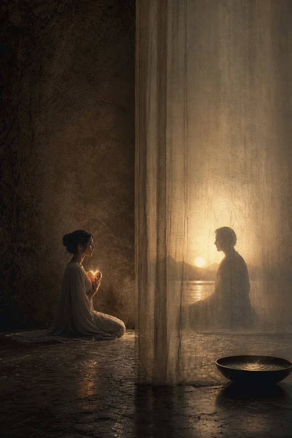 Two quiet light fields held in one tactile room, separated by translucent fabric and generous negative space.