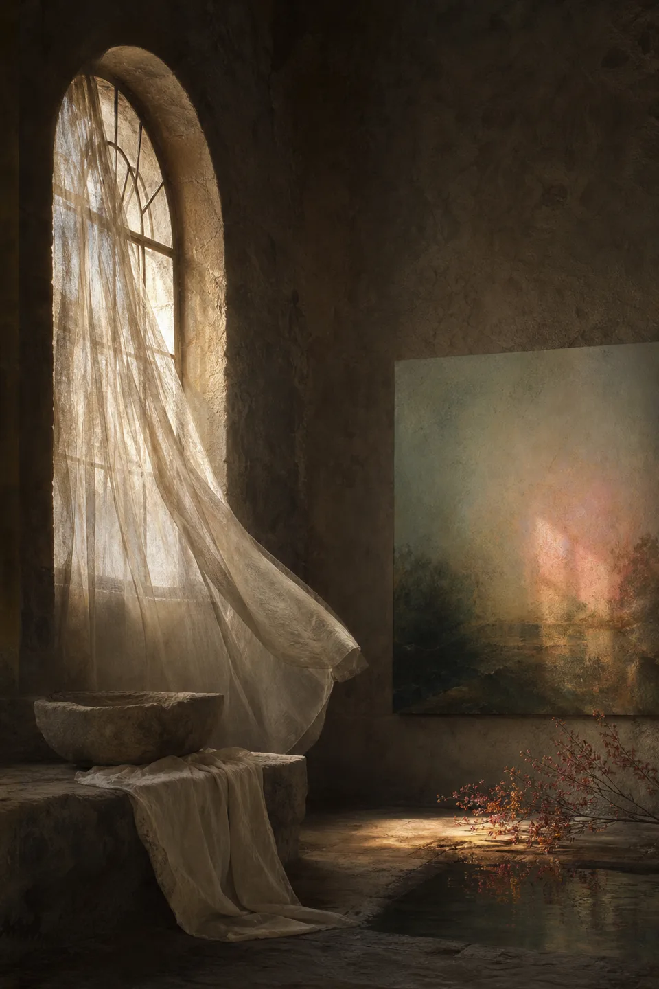 A quiet stone room where linen, breath-soft light and the trace of movement make the body present without making it identifiable.