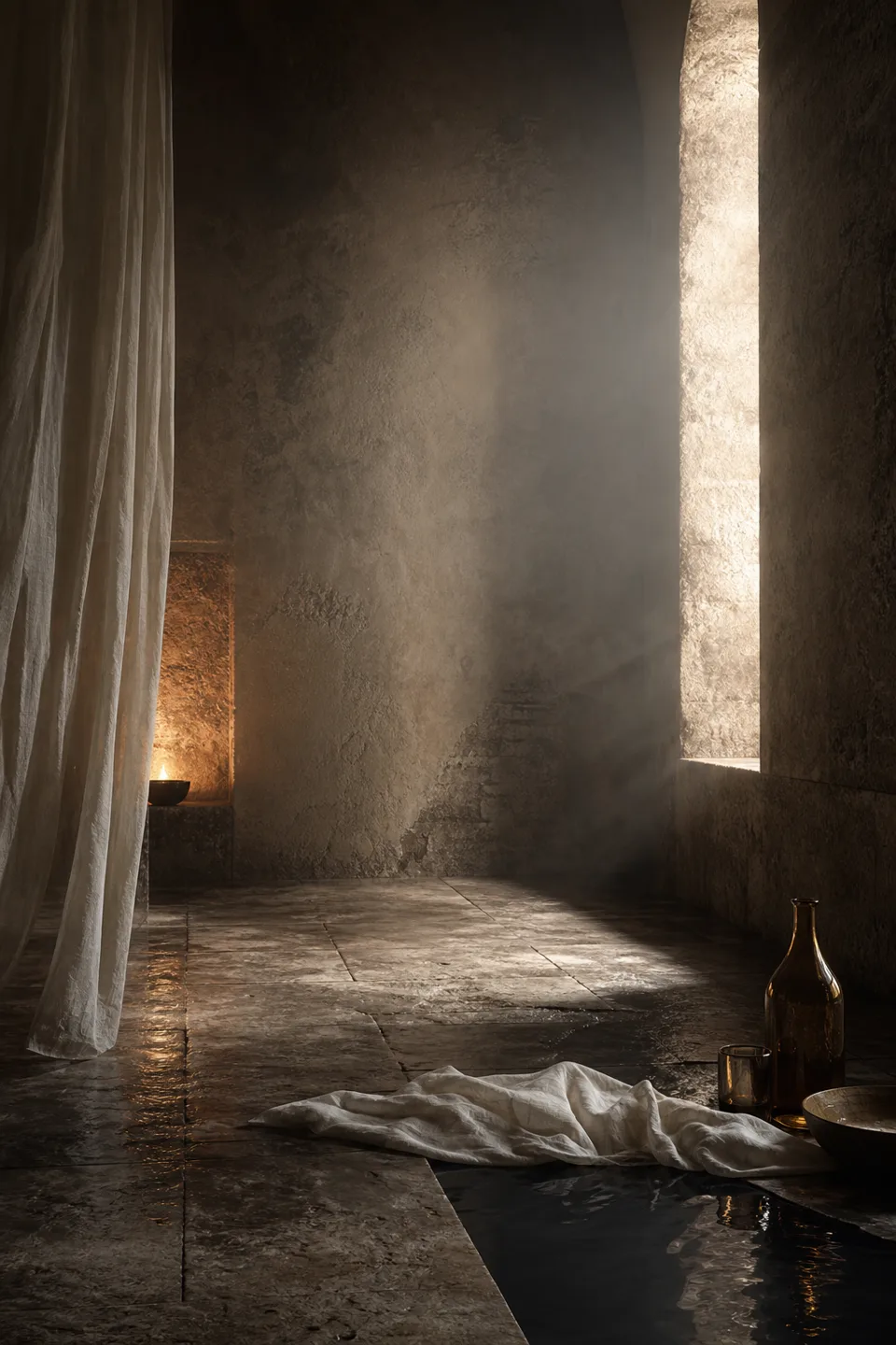 A quiet stone room where linen, breath-soft light and the trace of movement make the body present without making it identifiable.