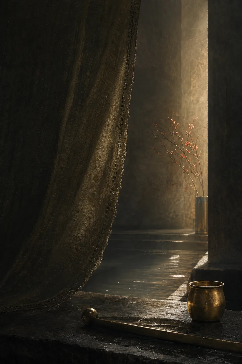 A handwoven veil between cool mineral shadow and a narrow field of warm light, with no deity, icon or sacred symbol.