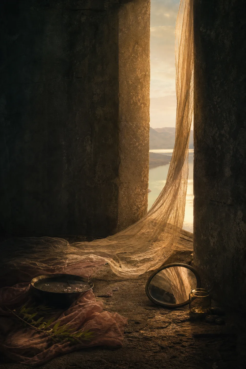 A handwoven veil between cool mineral shadow and a narrow field of warm light, with no deity, icon or sacred symbol.