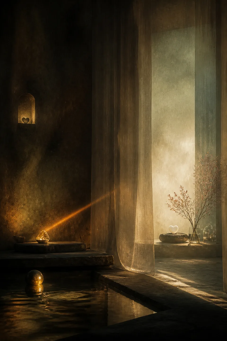 Two quiet light fields held in one tactile room, separated by translucent fabric and generous negative space.