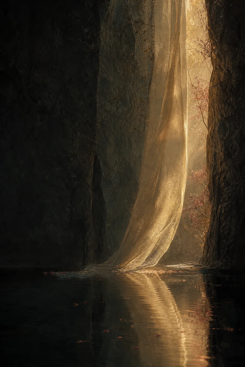 A handwoven veil between cool mineral shadow and a narrow field of warm light, with no deity, icon or sacred symbol.