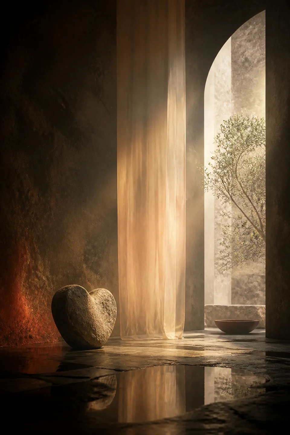 Two quiet light fields held in one tactile room, separated by translucent fabric and generous negative space.